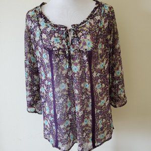 Decree Sheer Purple Floral Peasant Style Tunic Blouse Top